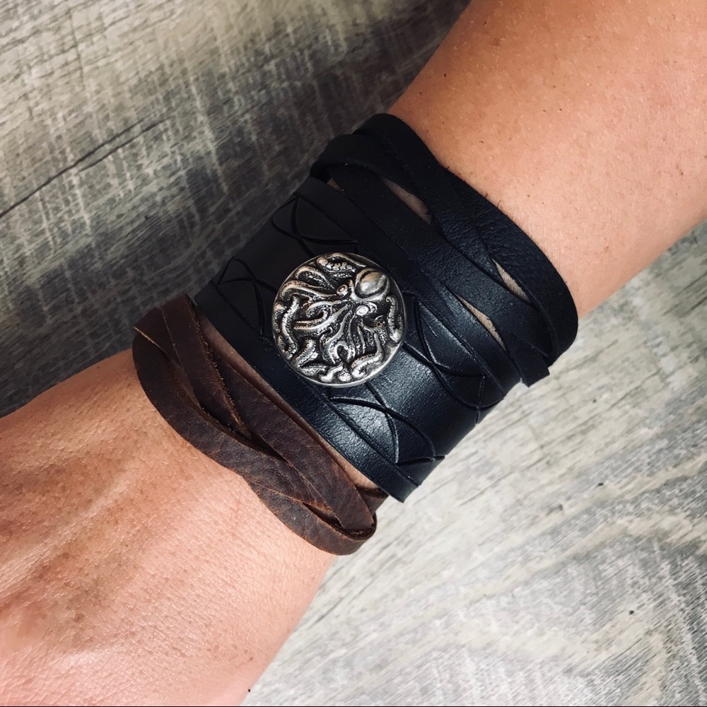 Sold-Kraken Black Leather Cuff - Picture 2 of 8